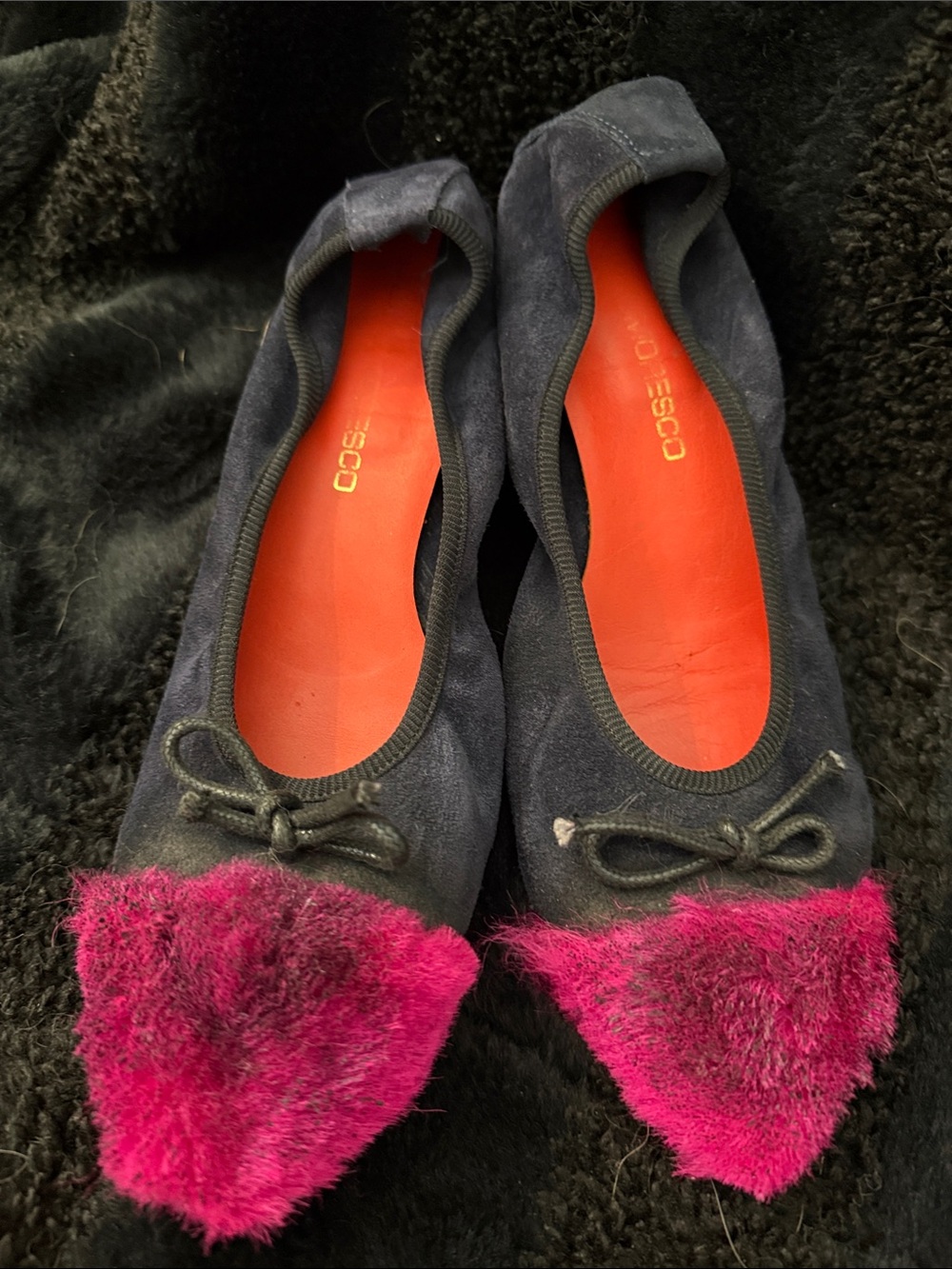 J. David Moresco Women's blue Suede Ballet Flats with Pink Fur Toe Detail